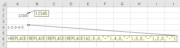 1つのセルでREPLACE関数を複数回使って1文字おきに区切り文字を追加した結果