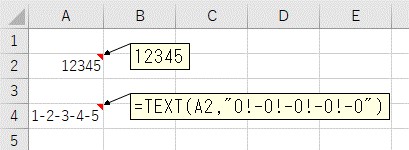 1文字おきに、TEXT関数で7桁の数値に区切り文字を追加した結果