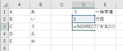 INDIRECT関数とMATCH関数でA列の3行目を取得