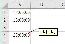 表示形式を[h]:mm:ssに変更して24時間以上の時間が表示される