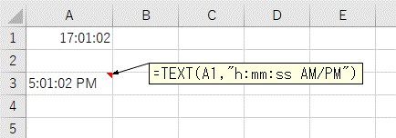 「h:mm:ss AM/PM」の表示形式を使ってTEXT関数で変換した結果