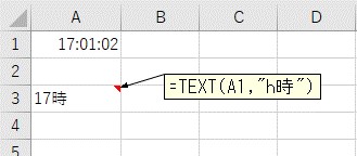 「h時」の表示形式を使ってTEXT関数で変換した結果